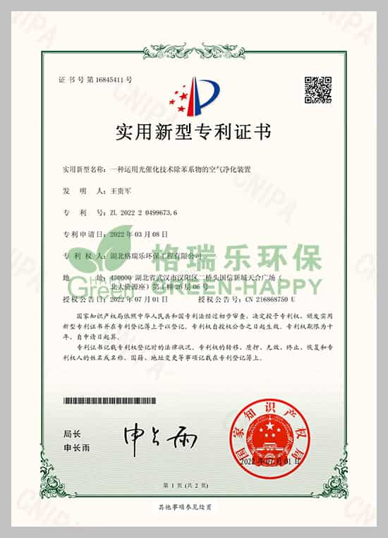 格瑞樂(lè)專利,實(shí)用新型專利,光催化技術(shù),室內(nèi)除苯系物,空氣凈化裝置