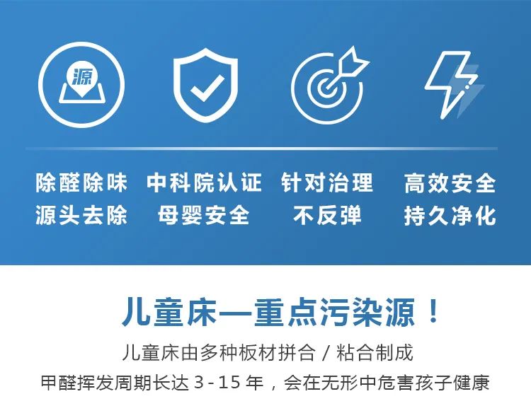 除醛除味,源頭去除,中科院認(rèn)證,母嬰安全,針對(duì)治理不反彈,高效安全,持久凈化,兒童床一重點(diǎn)污染源,兒童床由多種板材拼合/粘合制成甲醛揮發(fā)周期長(zhǎng)達(dá)3-15年，會(huì)在無形中危害孩子健康