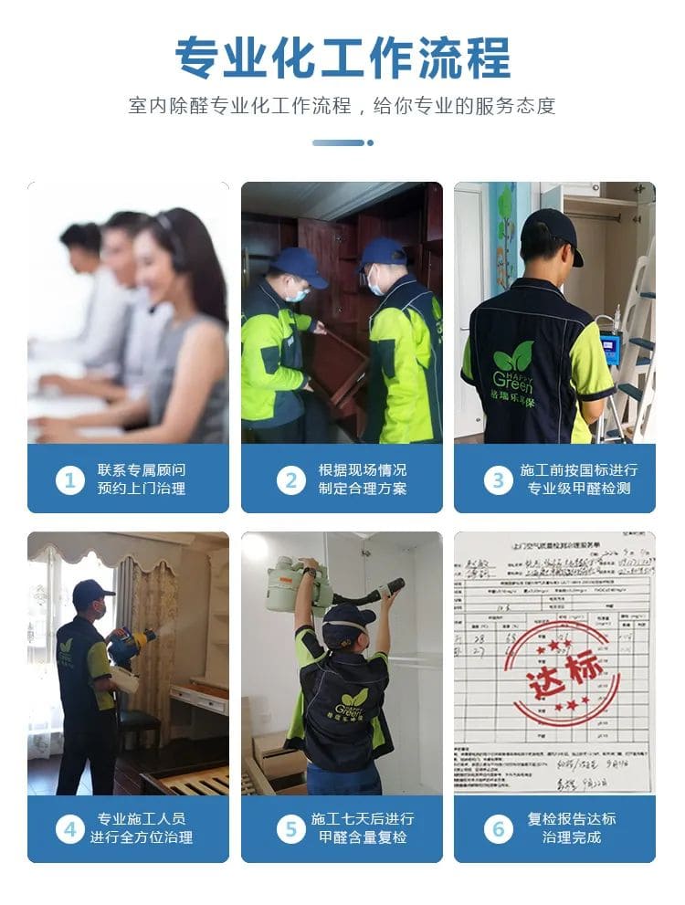 專業(yè)化工作流程,室內(nèi)除醛專業(yè)化工作流程,給你專業(yè)的服務(wù)態(tài)度,聯(lián)系專屬顧問預(yù)約上門治理,根據(jù)現(xiàn)場(chǎng)情況制定合理方案, 施工前按國標(biāo)進(jìn)行專業(yè)級(jí)甲醛檢測(cè),專業(yè)施工人員進(jìn)行全方位治理,施工七天后進(jìn)行甲醛含量復(fù)檢,復(fù)檢報(bào)告達(dá)標(biāo)治理完成
